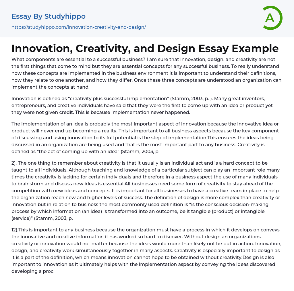 Innovation, Creativity, and Design Essay Example