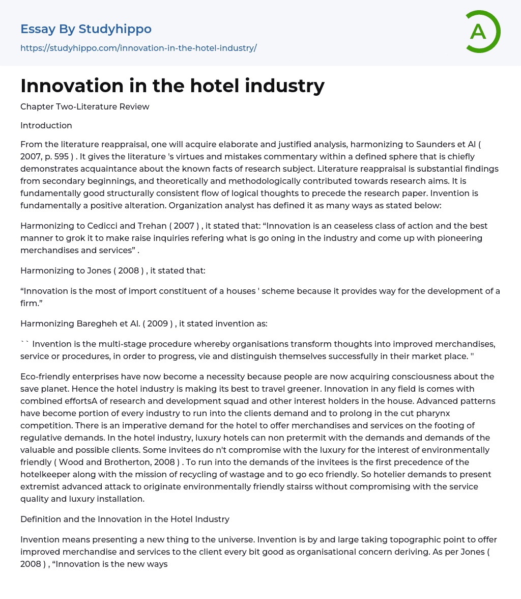 Innovation in the hotel industry Essay Example