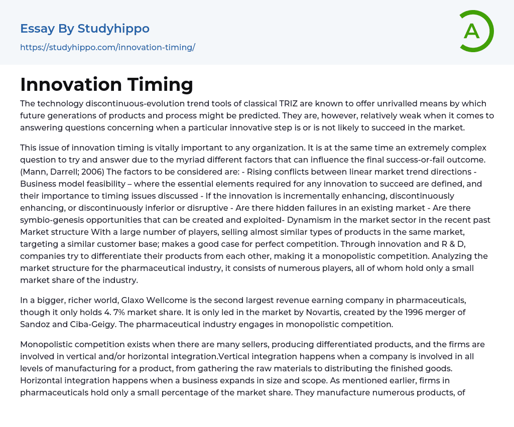 Innovation Timing Essay Example