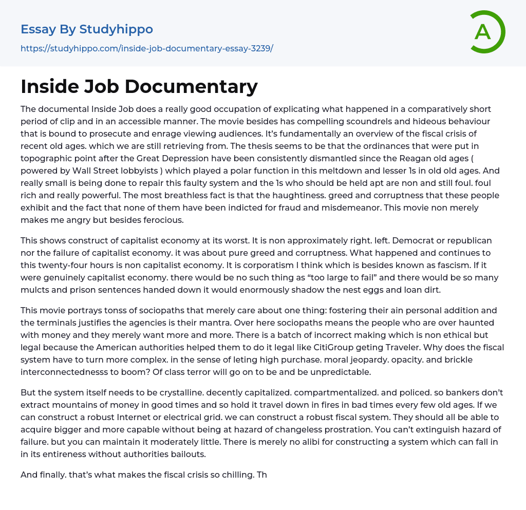 Inside Job Documentary Essay Example