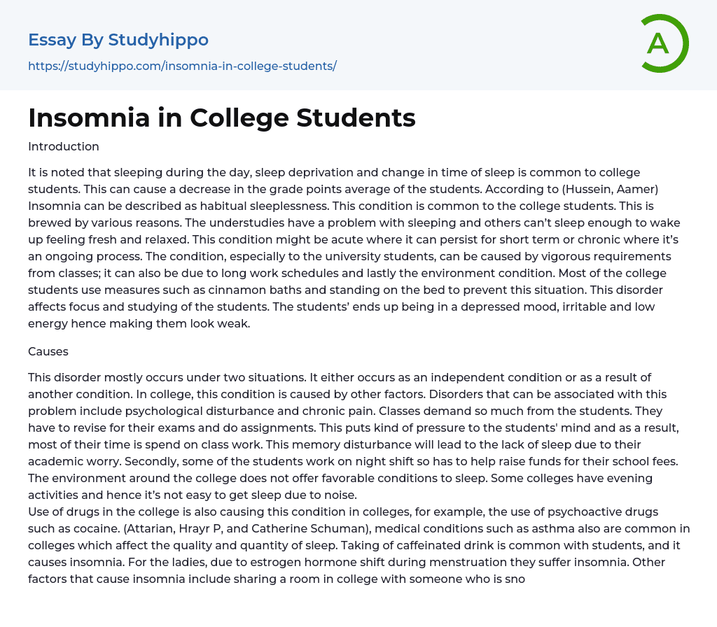 Insomnia in College Students Essay Example