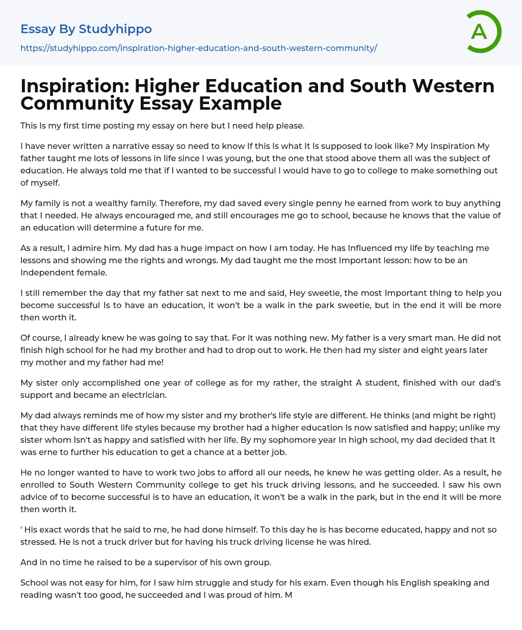 Inspiration: Higher Education and South Western Community Essay Example