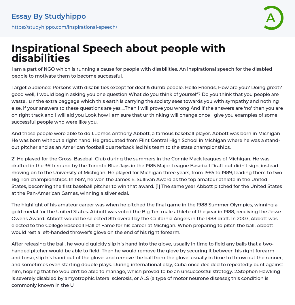 Inspirational Speech about people with disabilities Essay Example