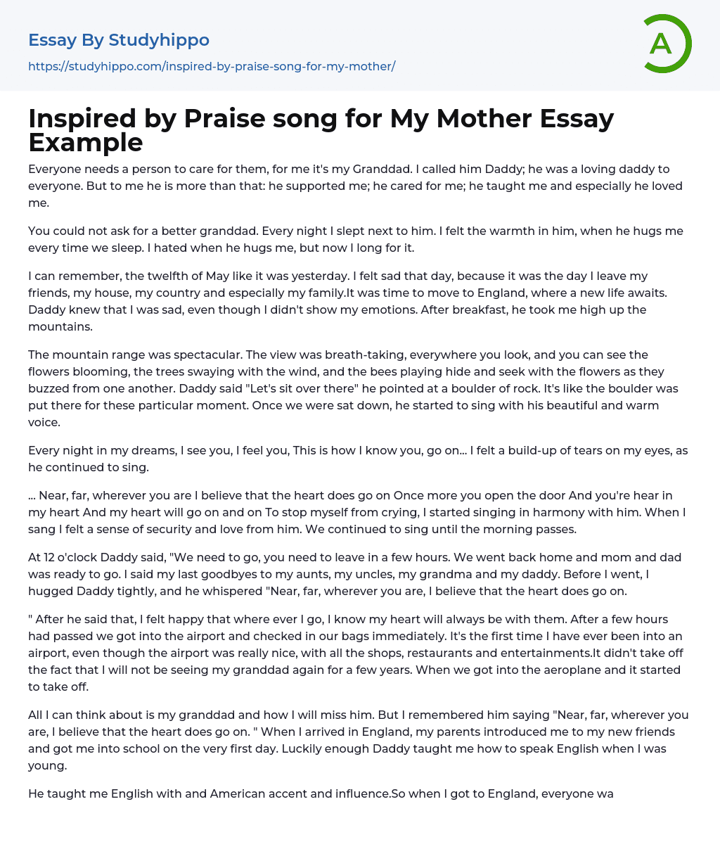 Inspired by Praise song for My Mother Essay Example