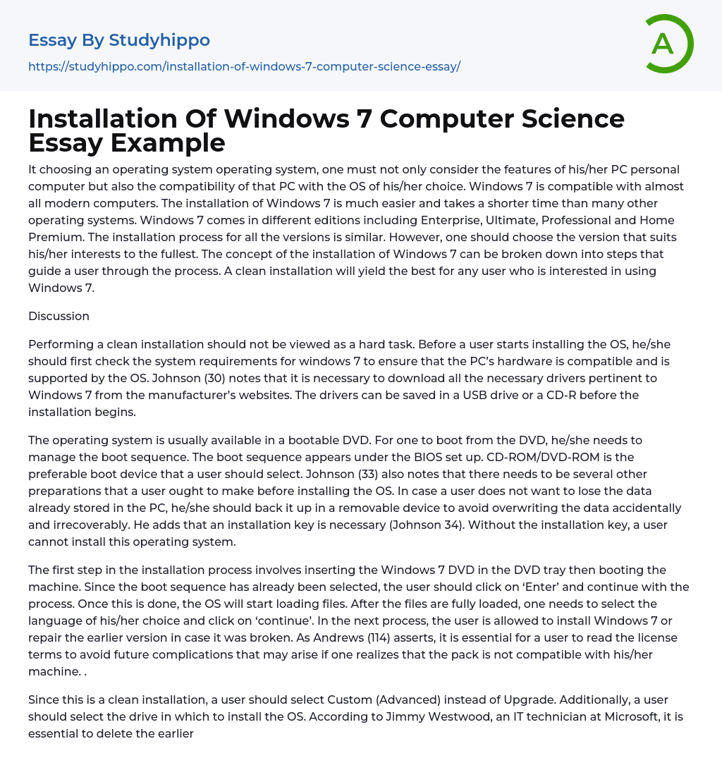 Installation Of Windows 7 Computer Science Essay Example