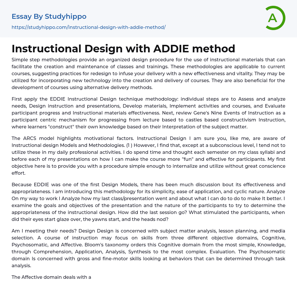 Instructional Design with ADDIE method Essay Example