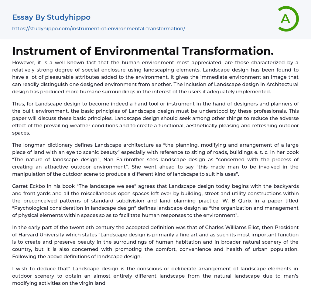 Instrument of Environmental Transformation. Essay Example