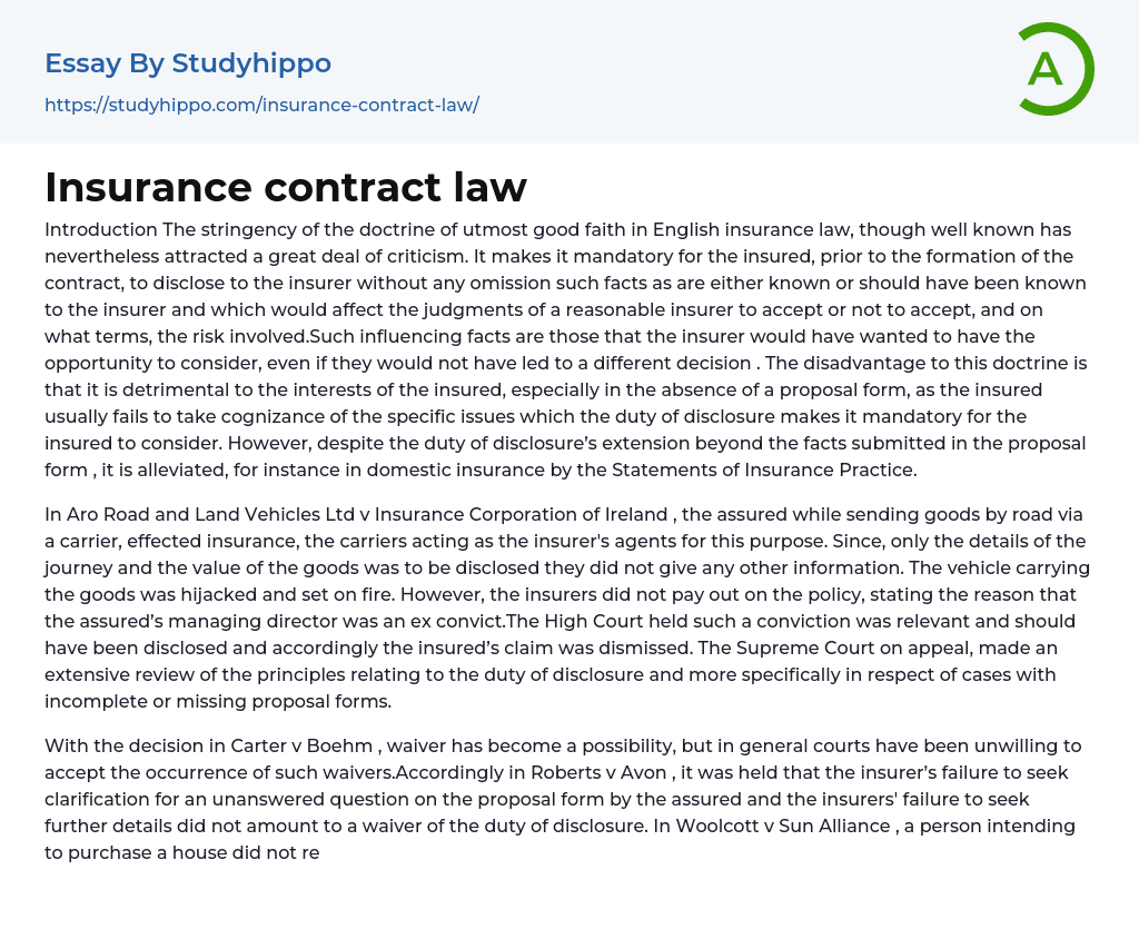 Insurance contract law Essay Example