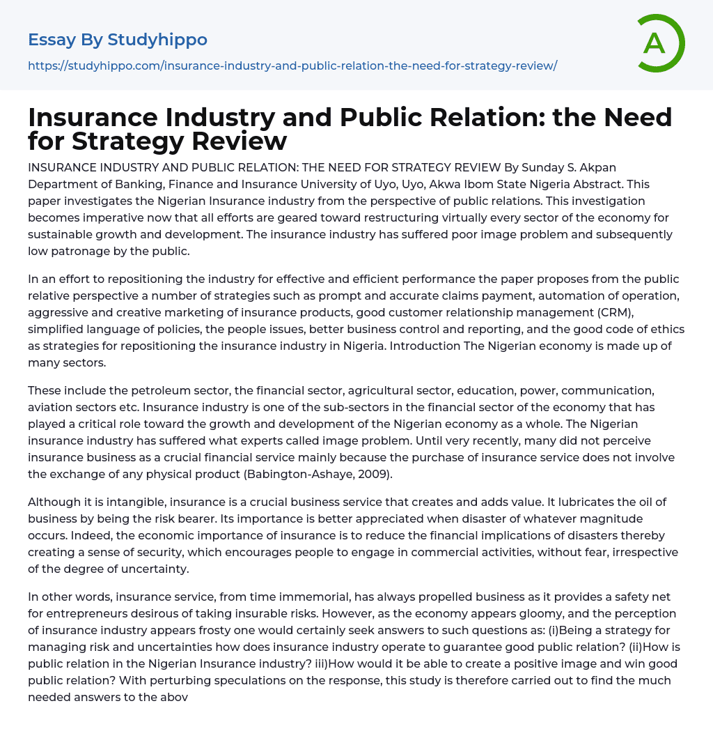 Insurance Industry and Public Relation: the Need for Strategy Review Essay Example