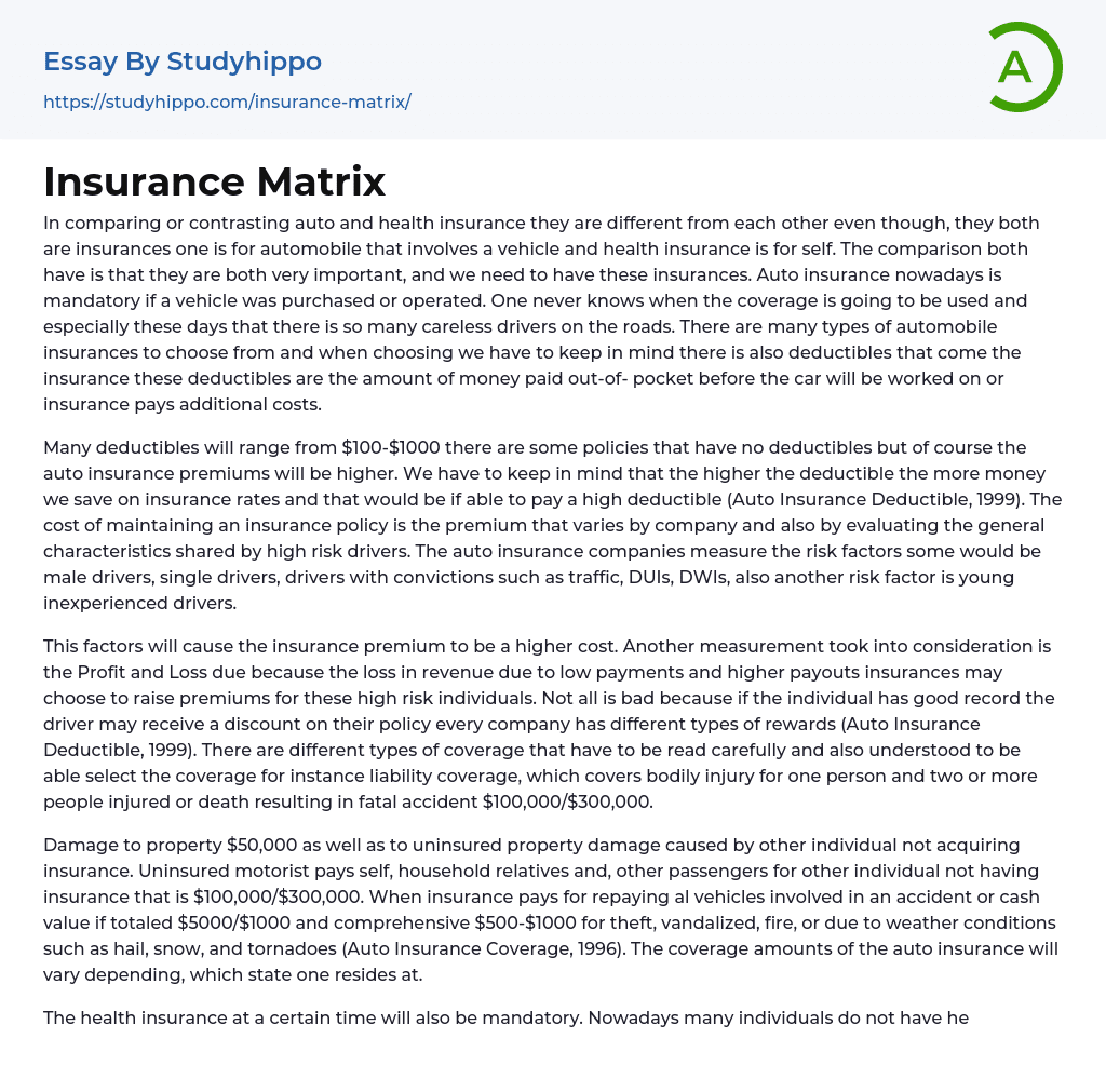 Insurance Matrix Essay Example
