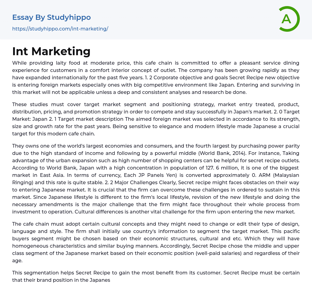 Int Marketing Essay Example