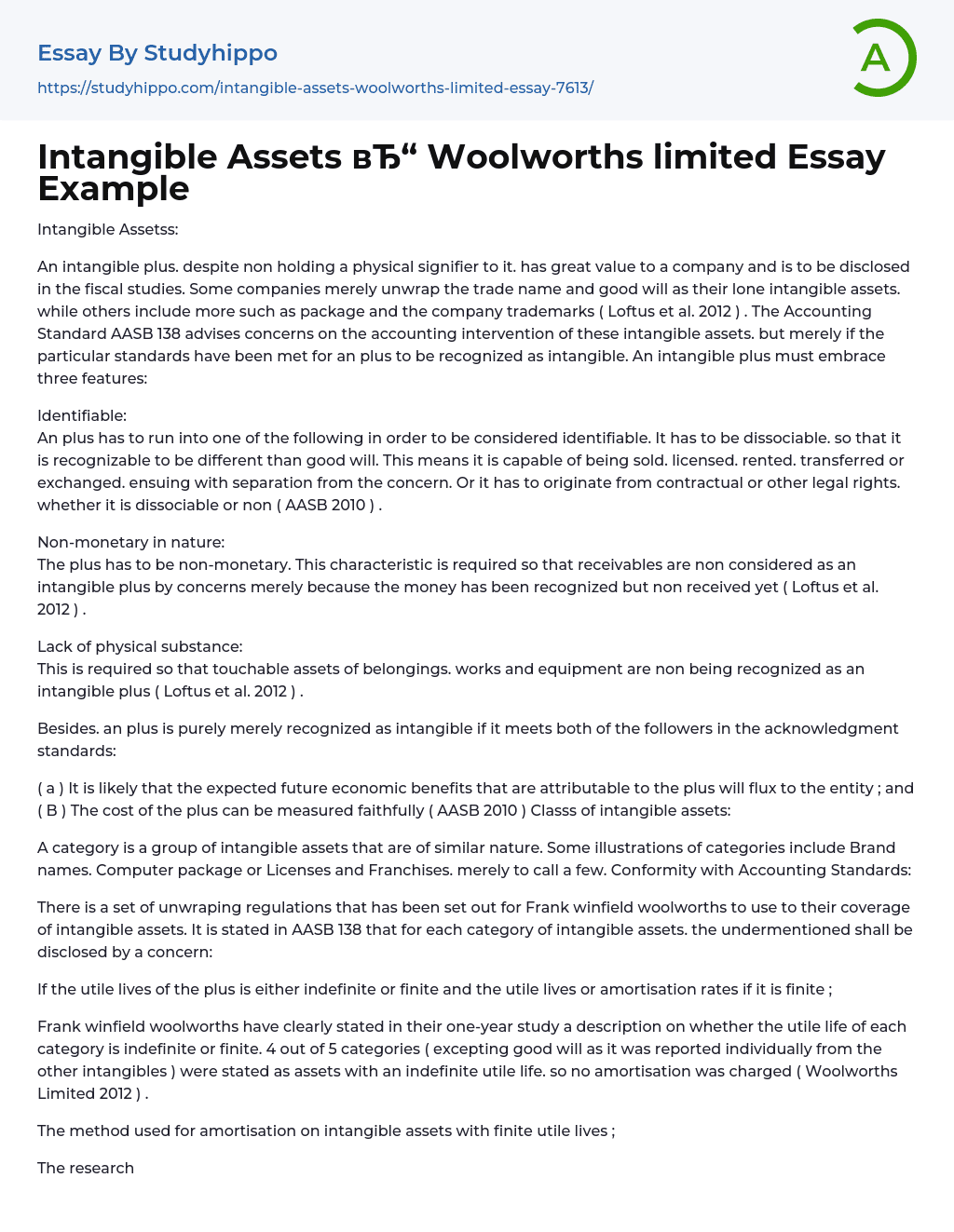 Intangible Assets Woolworths limited Essay Example
