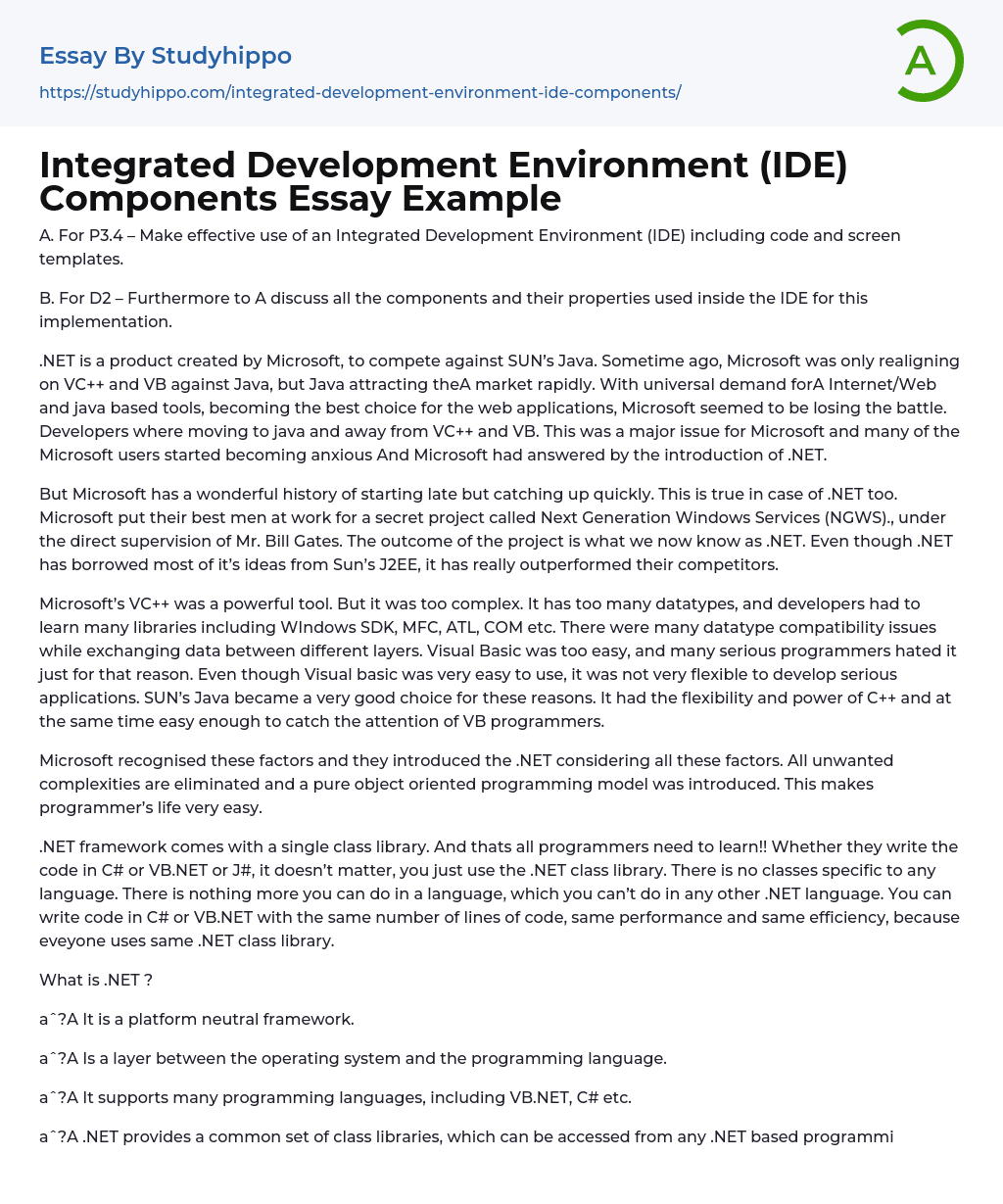Integrated Development Environment (IDE) Components Essay Example