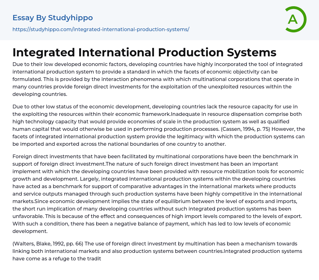 Integrated International Production Systems Essay Example