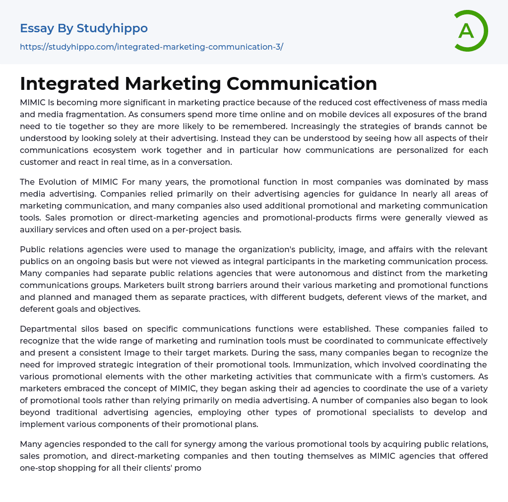 Integrated Marketing Communication Essay Example