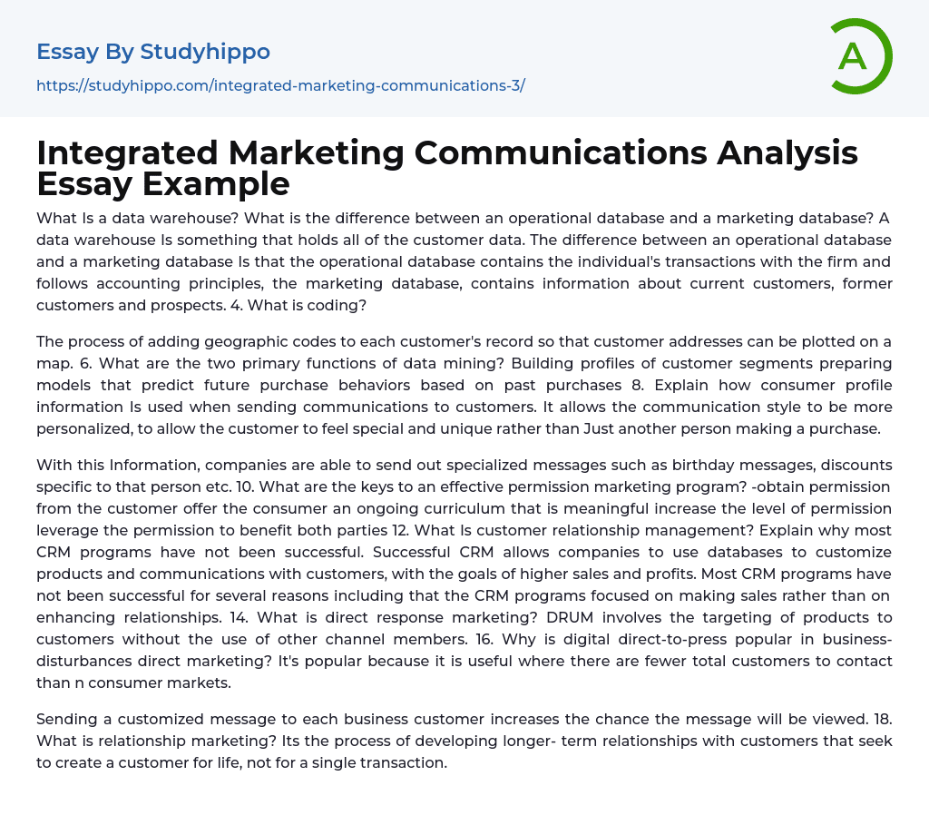 Integrated Marketing Communications Analysis Essay Example