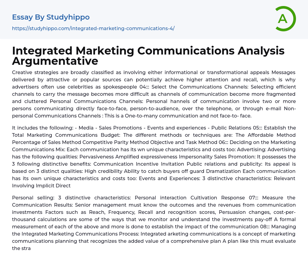 Integrated Marketing Communications Analysis Argumentative Essay Example