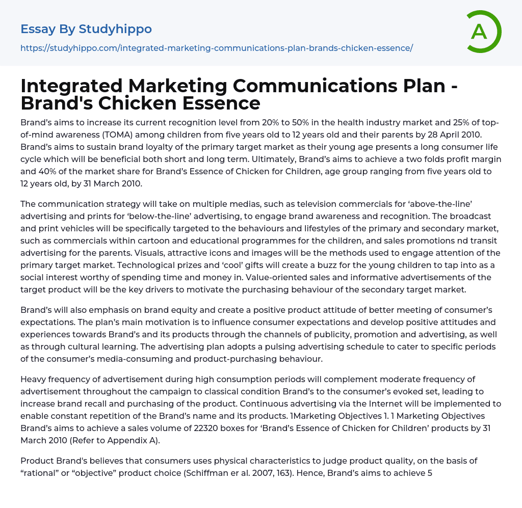Integrated Marketing Communications Plan – Brand’s Chicken Essence Essay Example