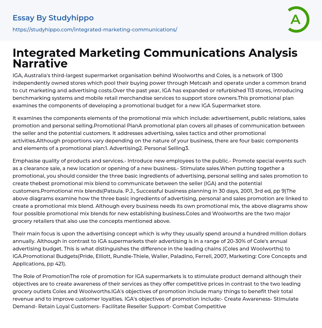 Integrated Marketing Communications Analysis Narrative Essay Example