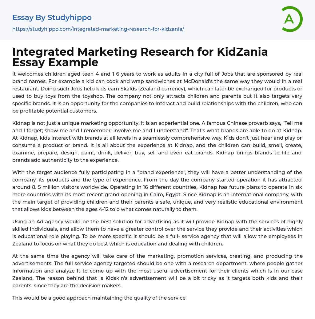 Integrated Marketing Research for KidZania Essay Example