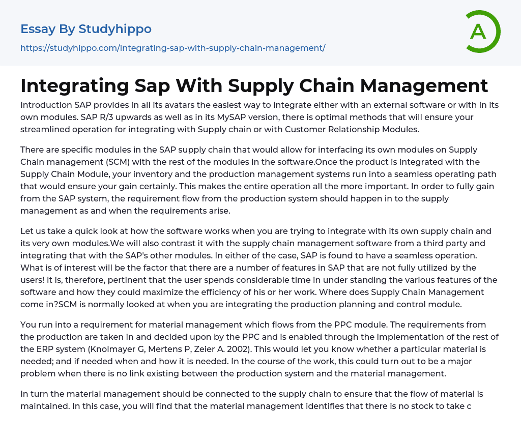 Integrating Sap With Supply Chain Management Essay Example