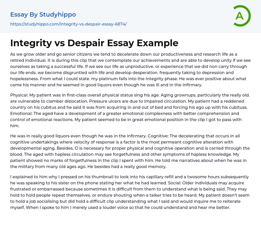 Integrity vs Despair Essay Example