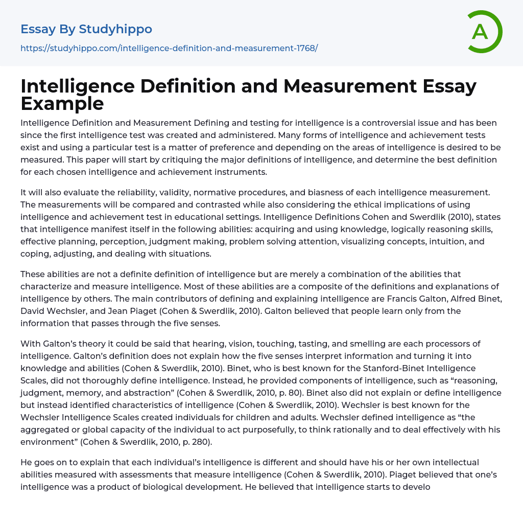 Intelligence Definition and Measurement Essay Example
