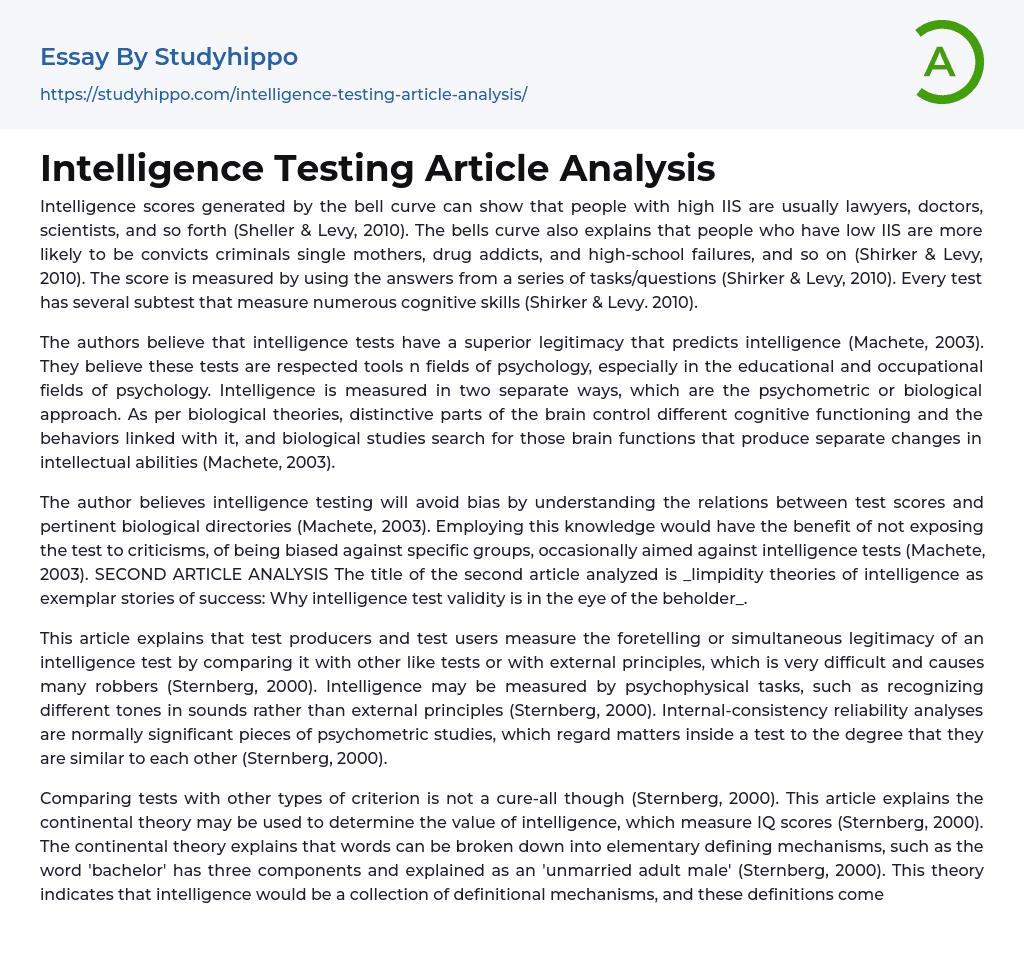 Intelligence Testing Article Analysis Essay Example