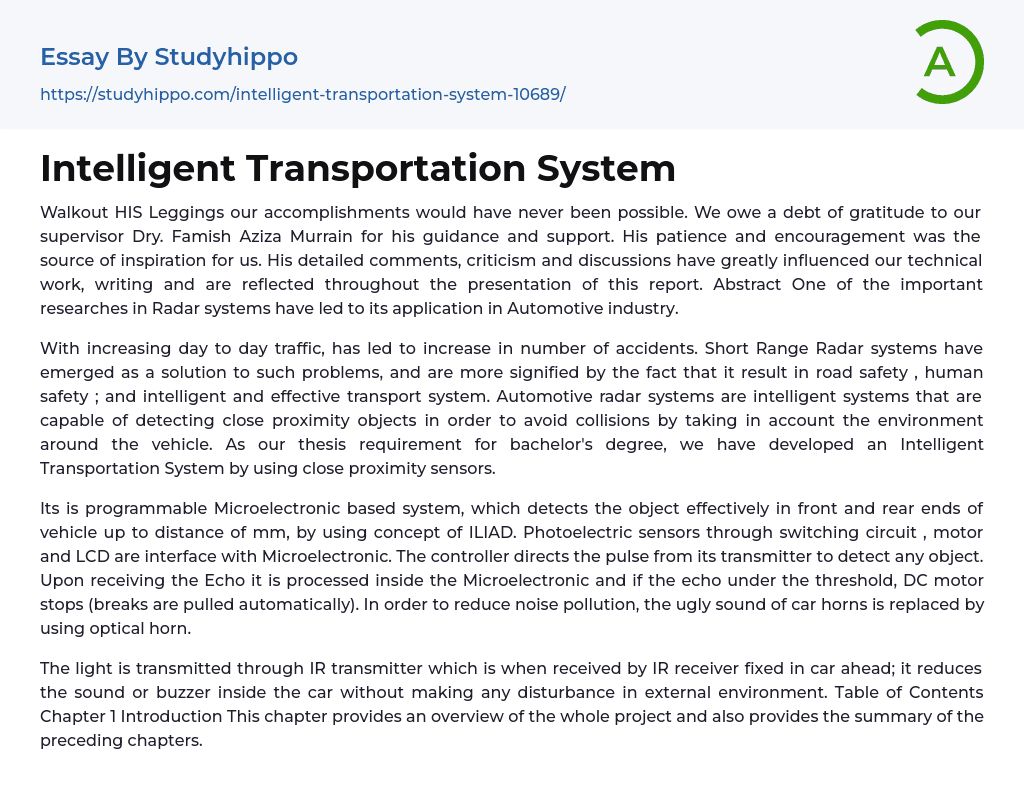 Intelligent Transportation System Essay Example