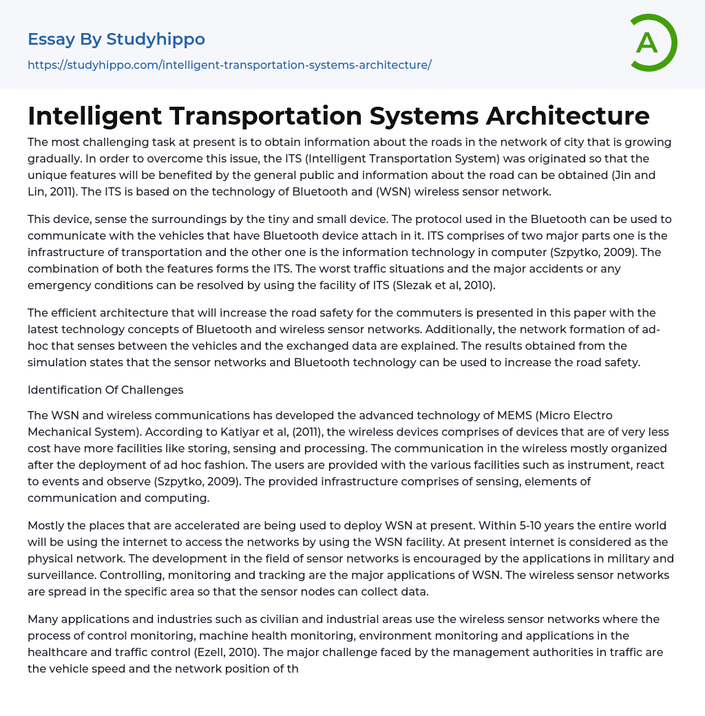 Intelligent Transportation Systems Architecture Essay Example
