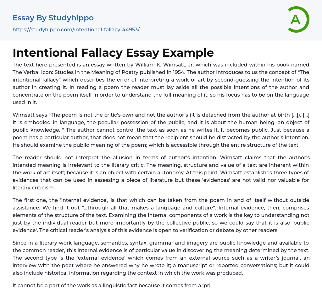 Intentional Fallacy Essay Example
