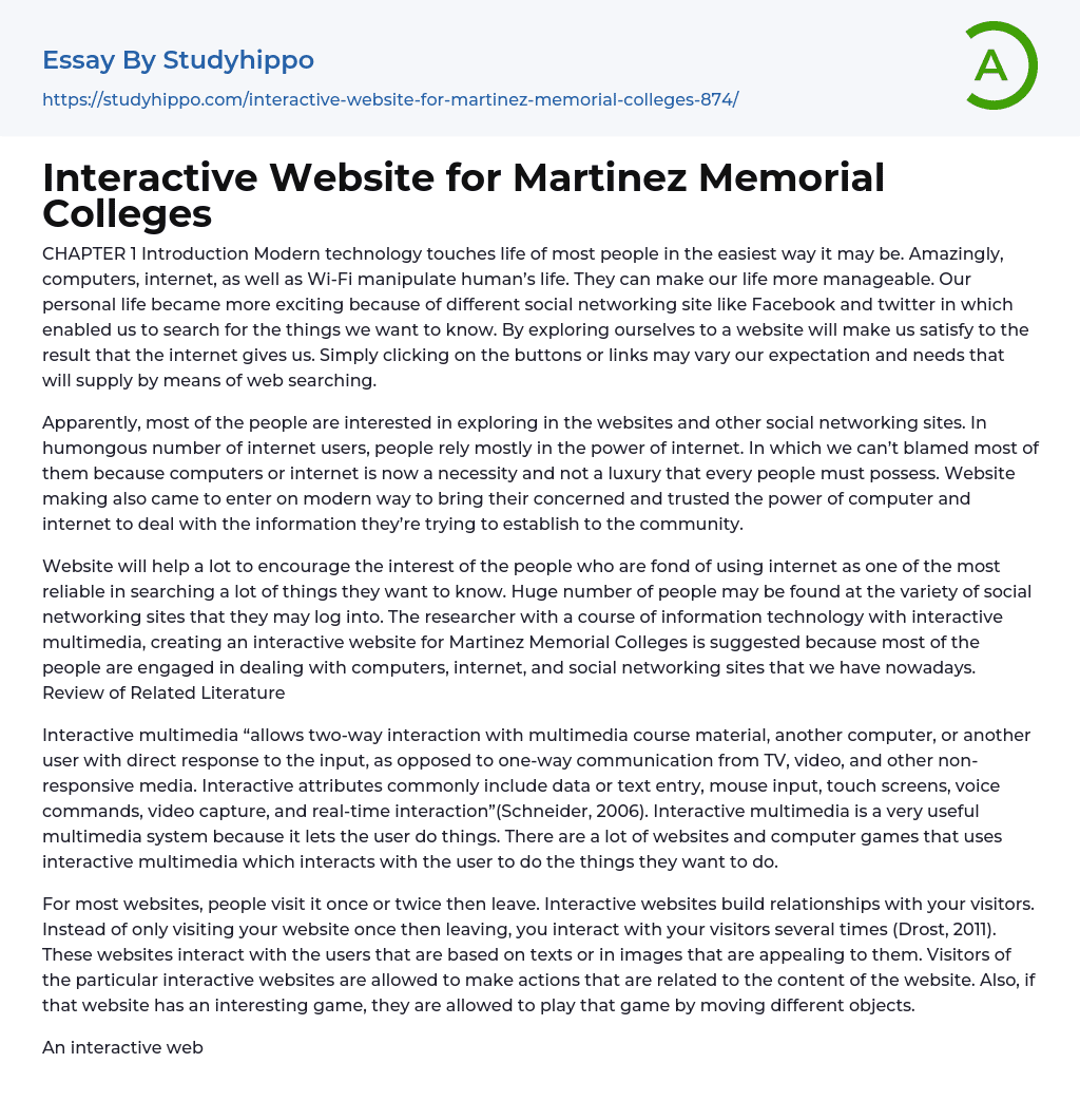 Interactive Website for Martinez Memorial Colleges Essay Example