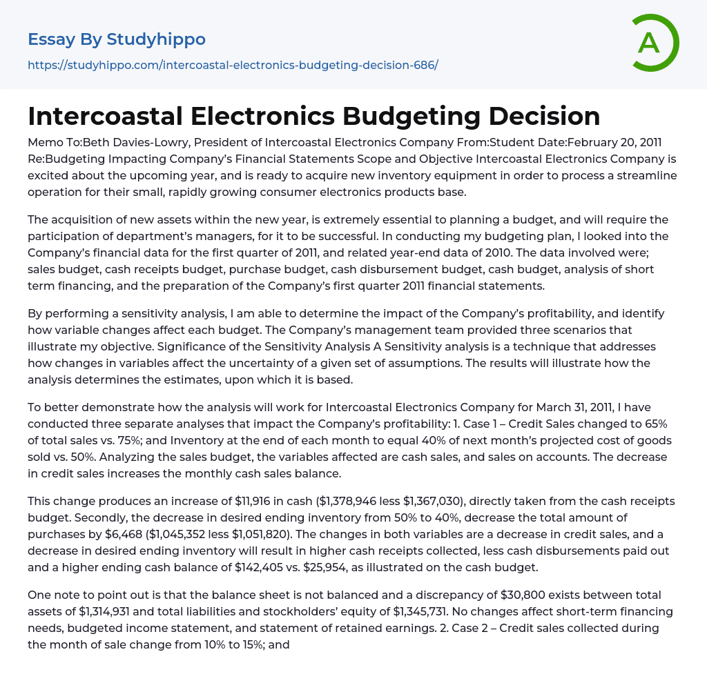 Intercoastal Electronics Company Budgeting Decision Essay Example