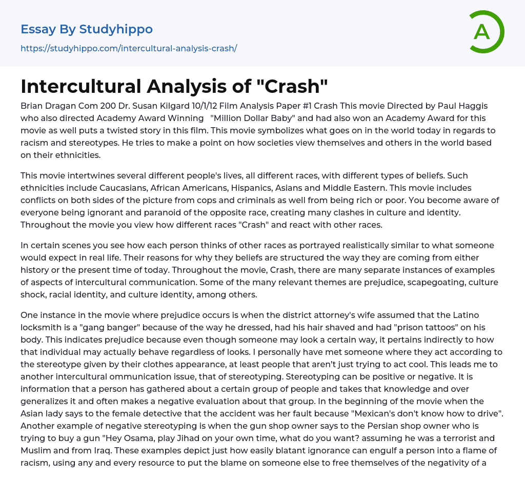 Intercultural Analysis of “Crash” Essay Example