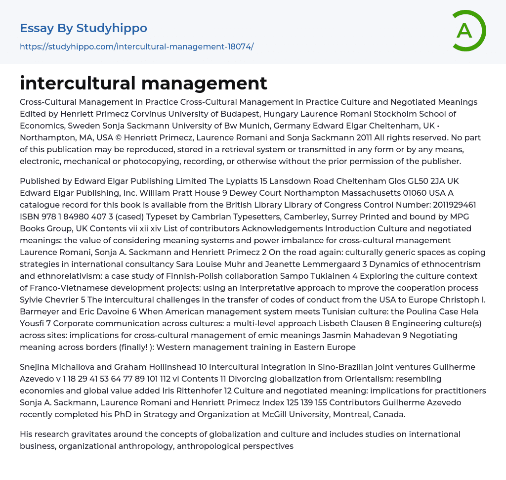 intercultural management Essay Example