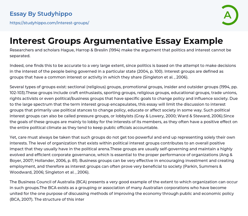 Interest Groups Argumentative Essay Example