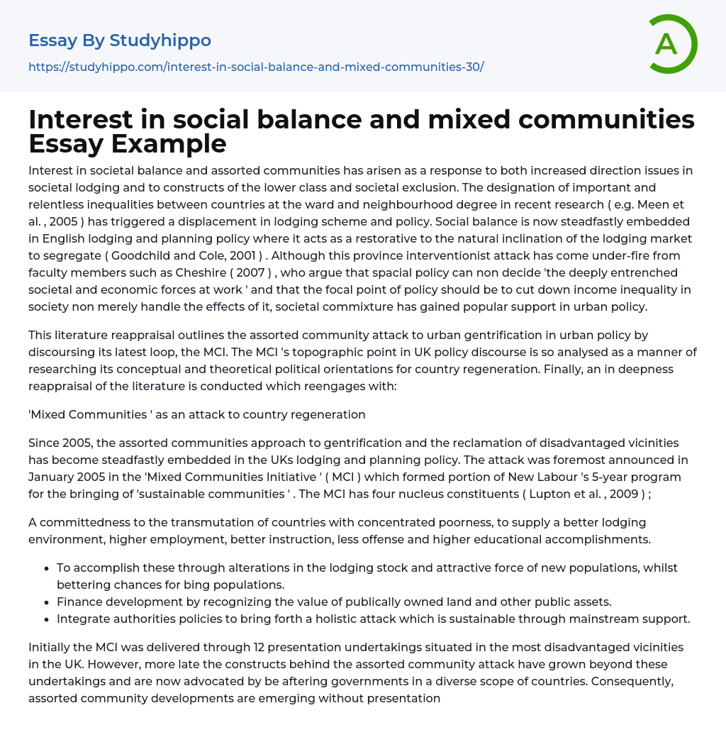 Interest in social balance and mixed communities Essay Example