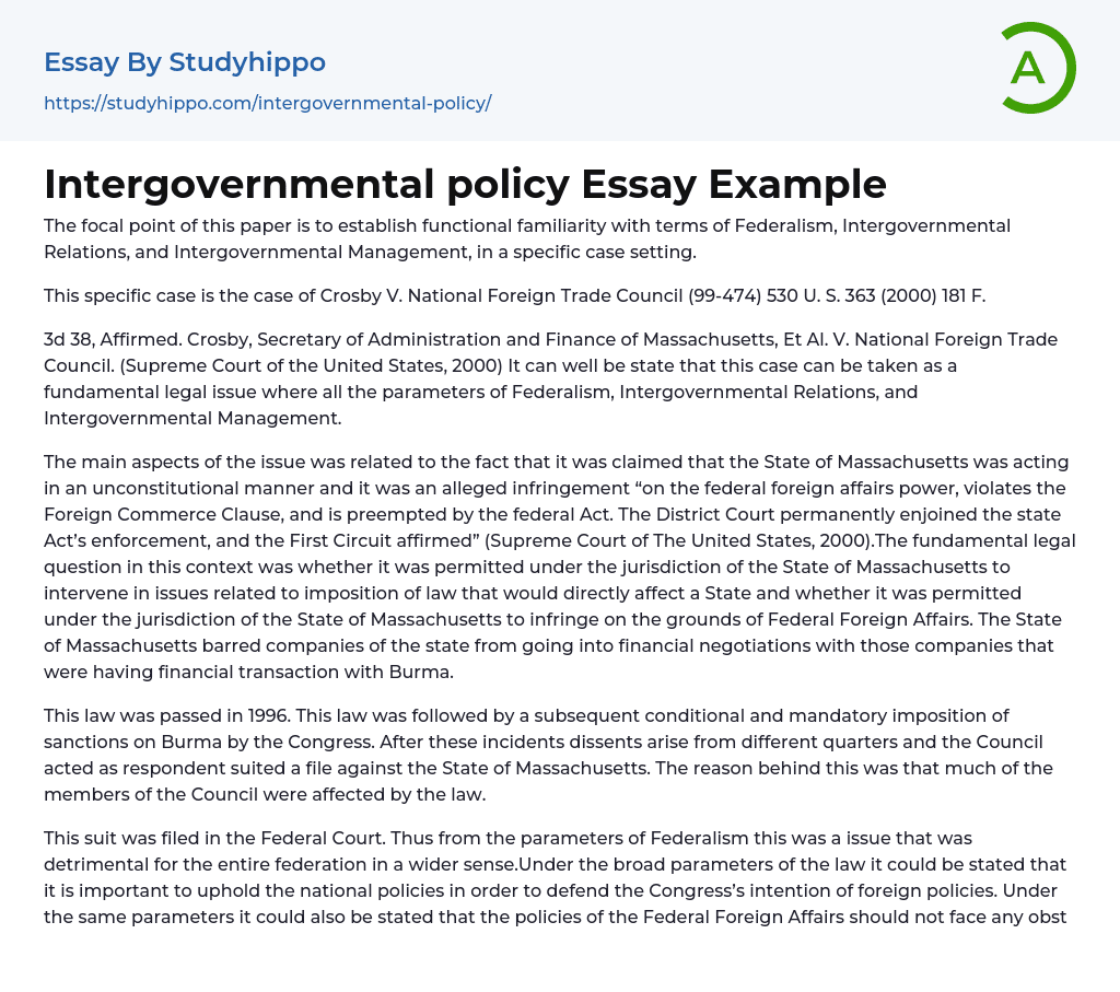 Intergovernmental policy Essay Example