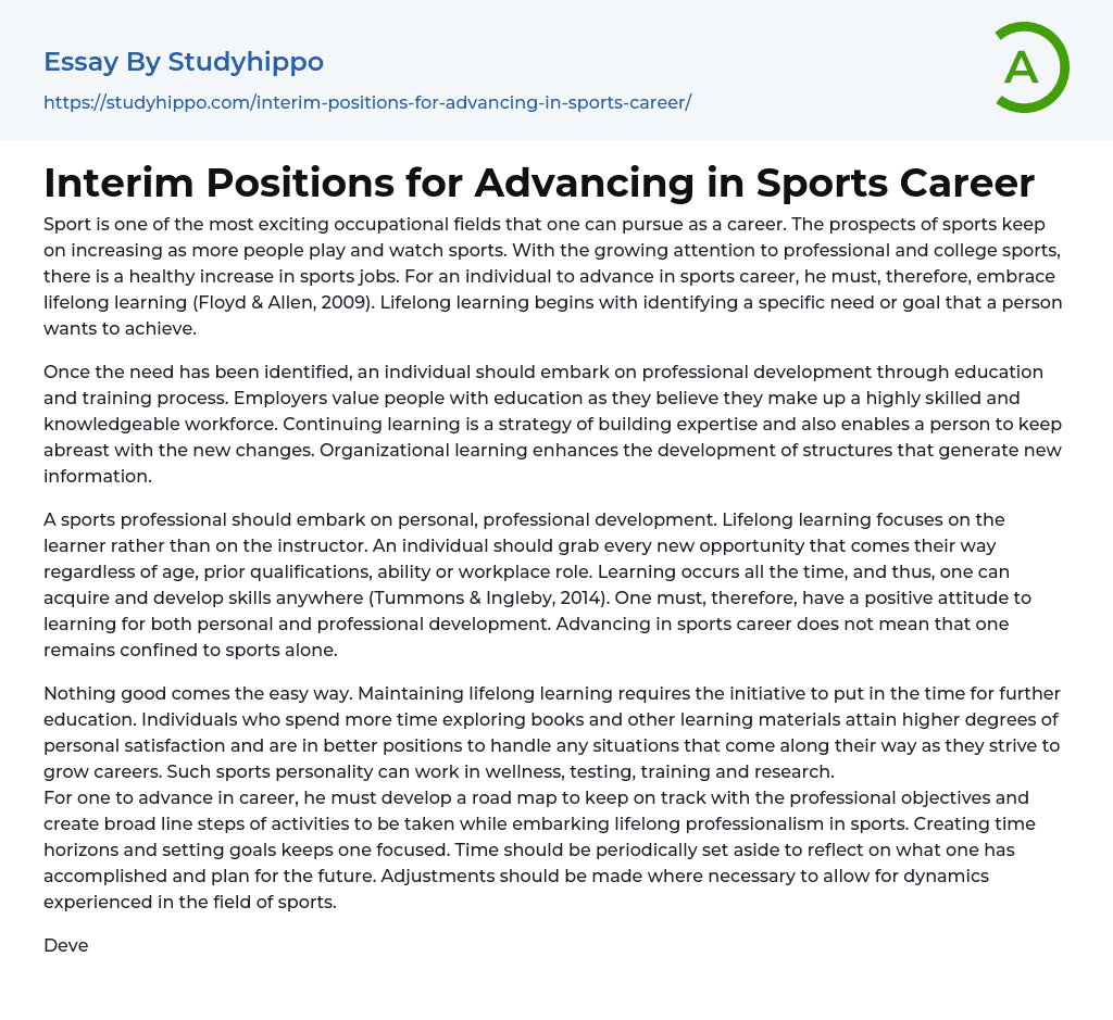 Interim Positions for Advancing in Sports Career Essay Example