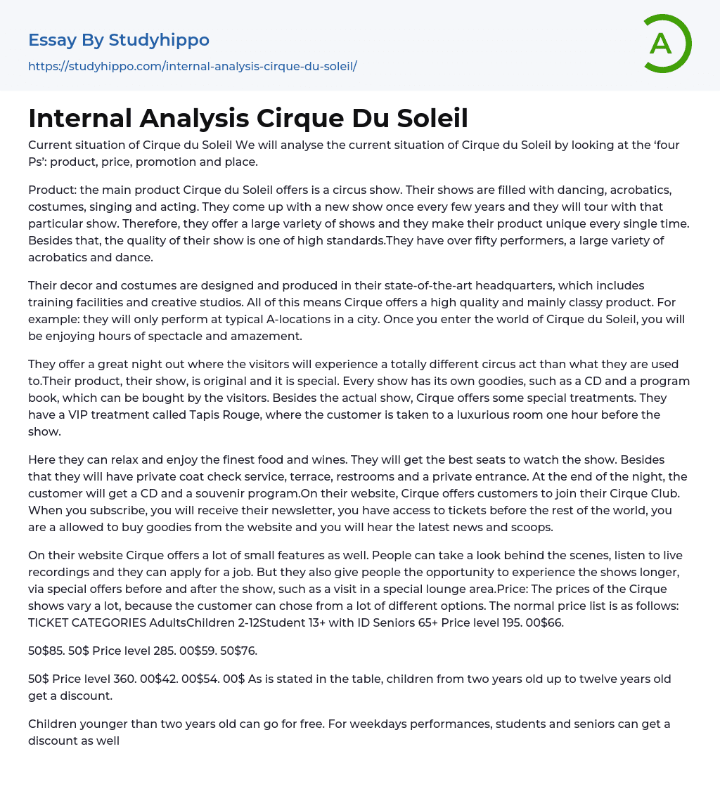 Internal Analysis Cirque Du Soleil Essay Example