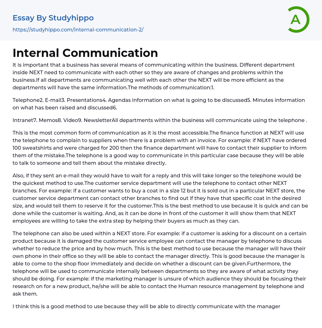 Internal Communication Essay Example