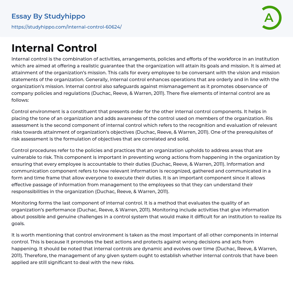 Internal Control Essay Example