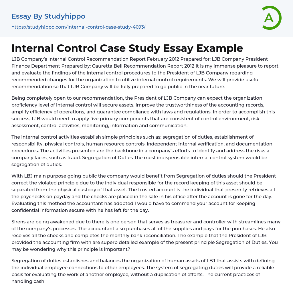 Internal Control Case Study Essay Example
