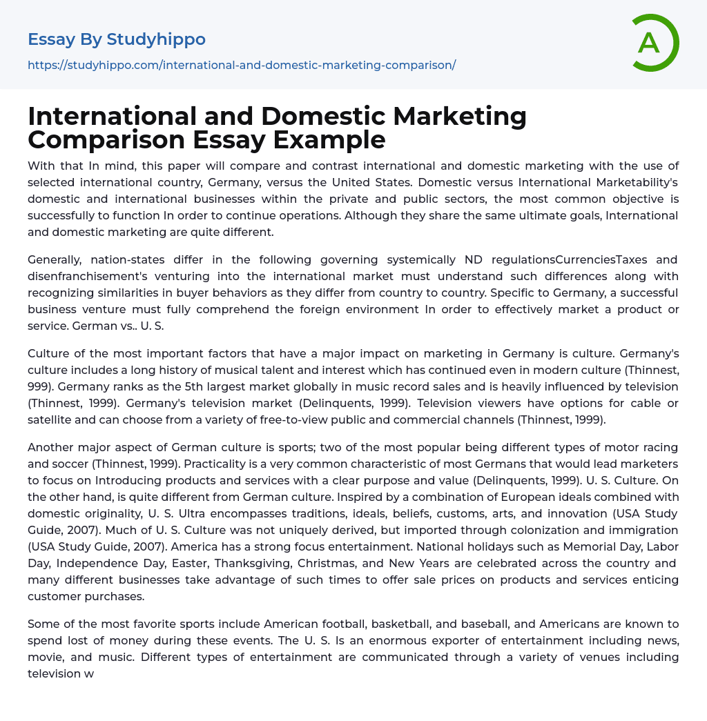 International and Domestic Marketing Comparison Essay Example