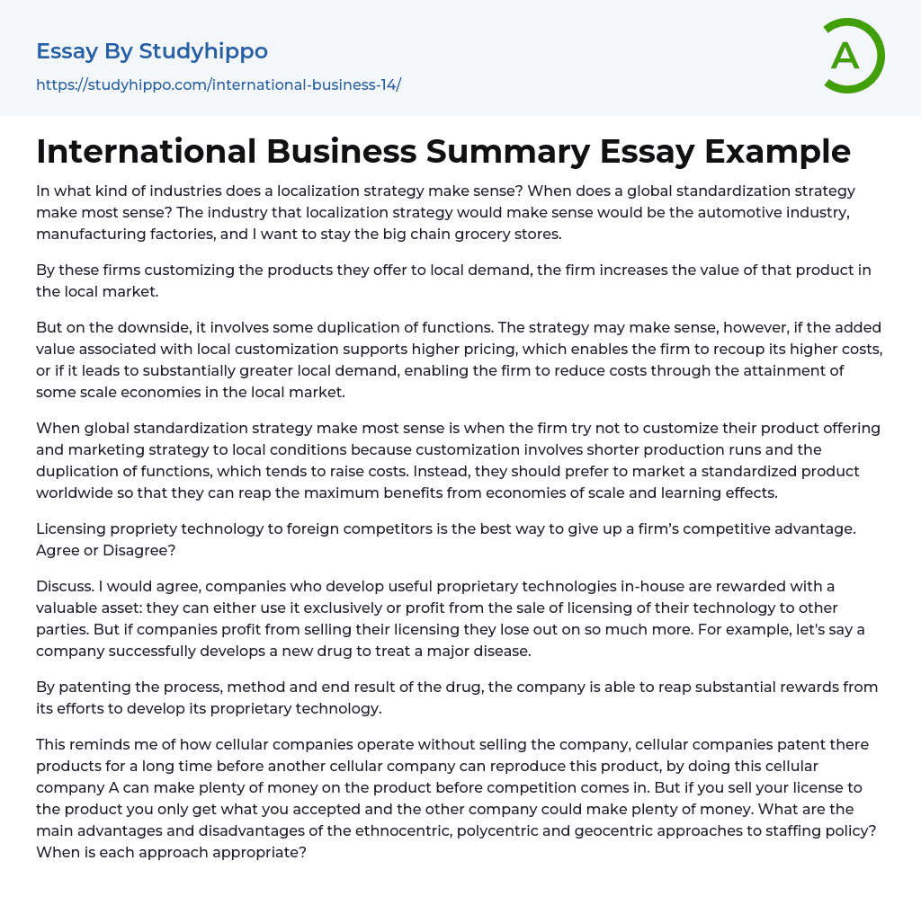 International Business Summary Essay Example