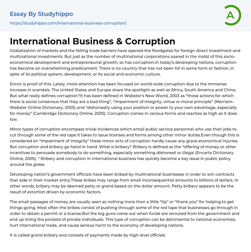 International Business & Corruption Essay Example