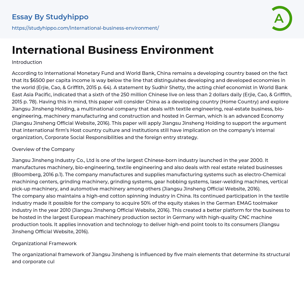 International Business Environment Essay Example