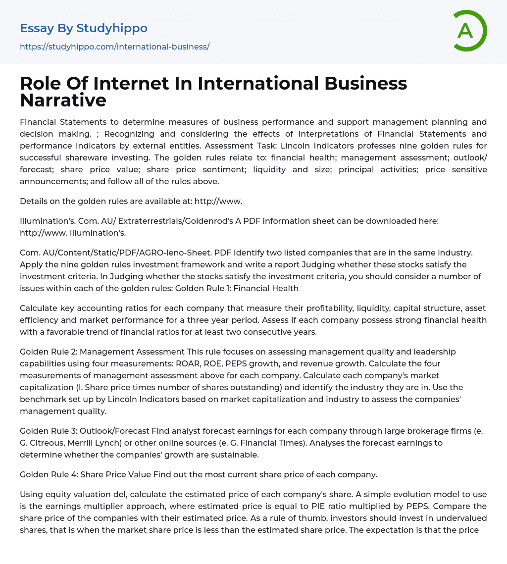 Role Of Internet In International Business Narrative Essay Example