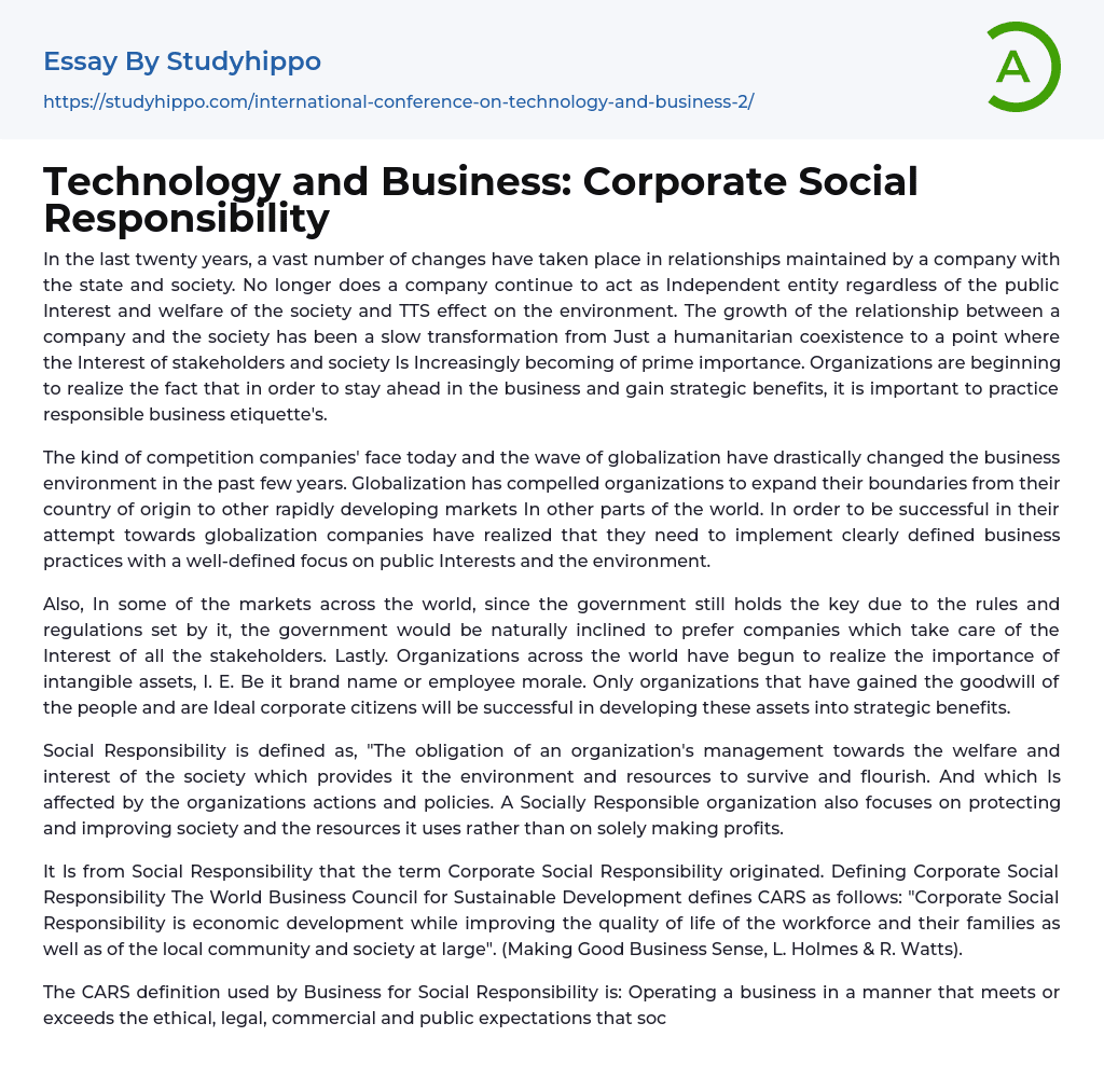 Technology and Business: Corporate Social Responsibility Essay Example