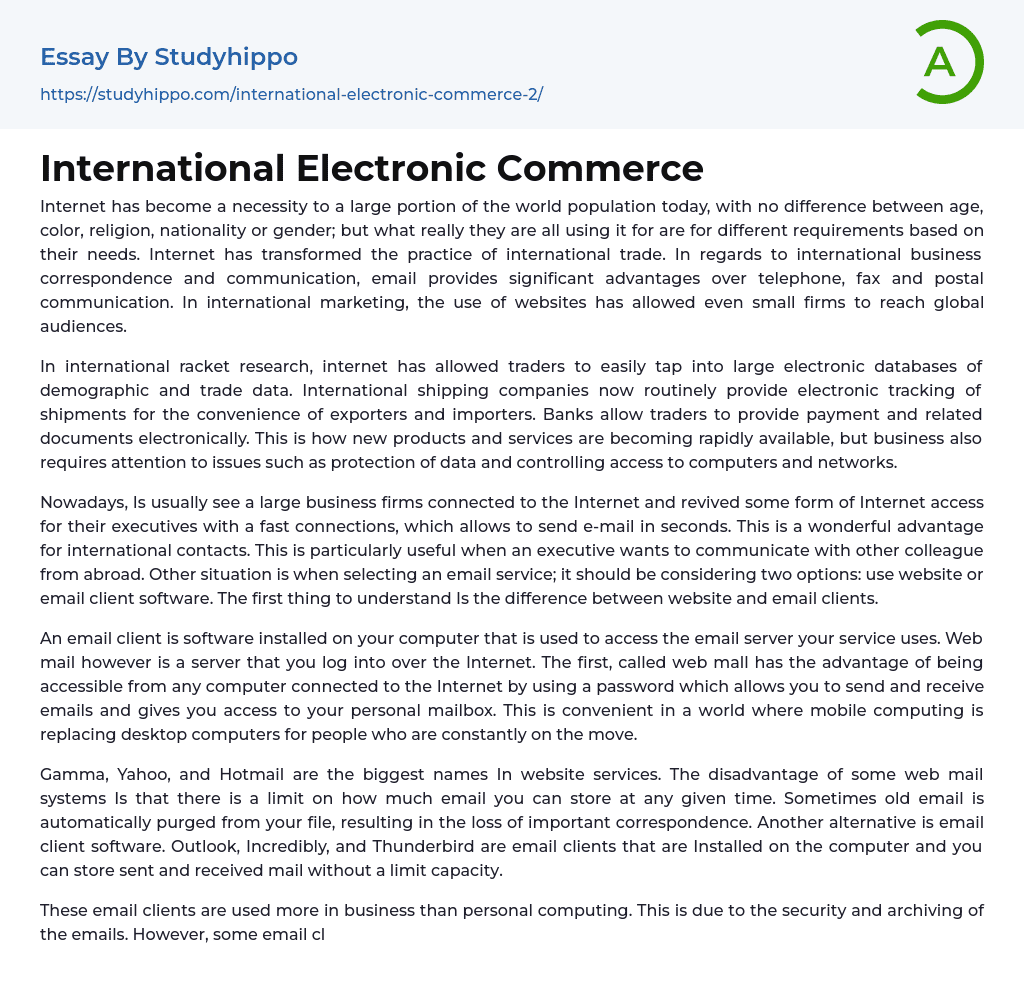 International Electronic Commerce Essay Example